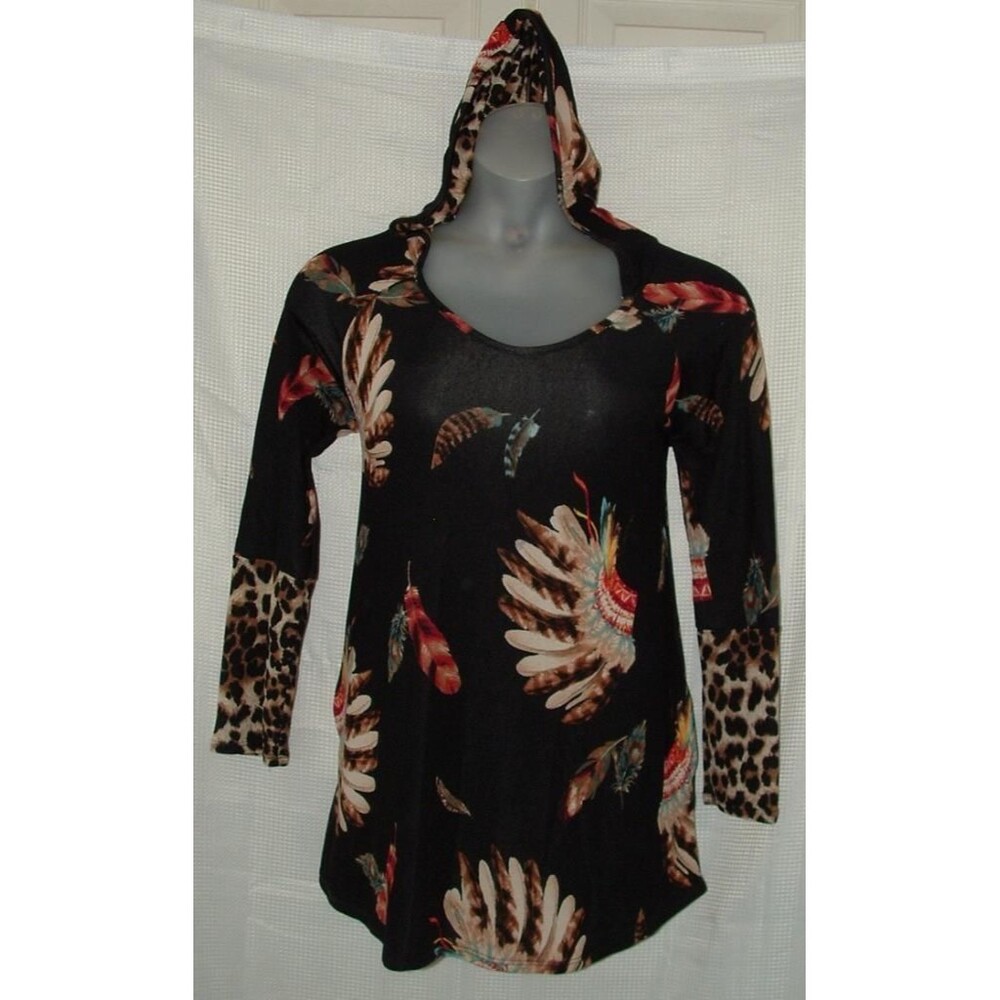 COCO KELLY Sz Large Stretchy Hooded Lightweight Tunic Sweater Side Pockets